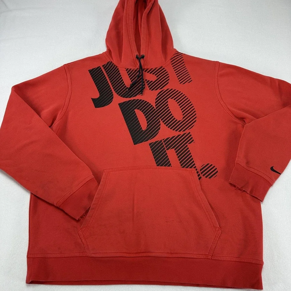 Nike Hoodie Sweatshirt Mens XL Red Just Do It Graphic Logo Fleece Pullover Y2k